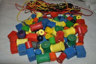 Vintage Educational Toys Wooden Shaped Beads And Laces Classroom Set