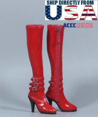 1/6 Scale Leather Boots Red For 12 " Hot Toys Tbleague Phicen Female Figure Usa