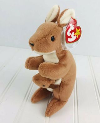 7” Ty Beanie Buddy Pouch The Kangaroo With Baby Retired 1996