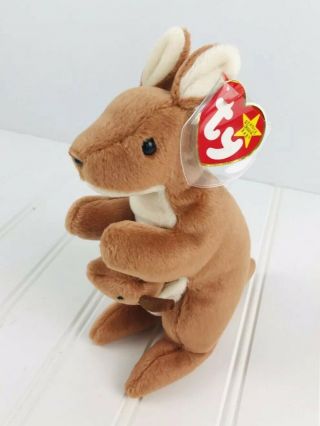 7” TY Beanie Buddy Pouch the Kangaroo with baby Retired 1996 2