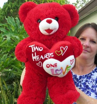 Large Dan Dee 2010 Red Teddy Bear Two Hearts One Love Plush Stuffed Animal Doll