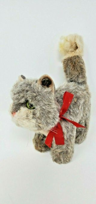 Steiff Cat Plush Brown Gray Red Ribbon Bow Green Eyes Collectible Vintage Toy