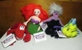 Little Mermaid 8 " Ariel Ursula Flounder Sebastian Plush Bean Bag Doll Set Disney