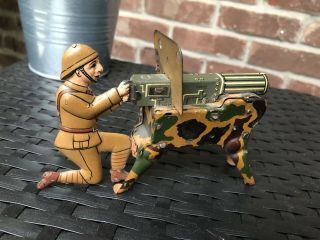 German wind up Tin Army soldier machine gun play set Toy Litho WWI WWII GUNNER 2