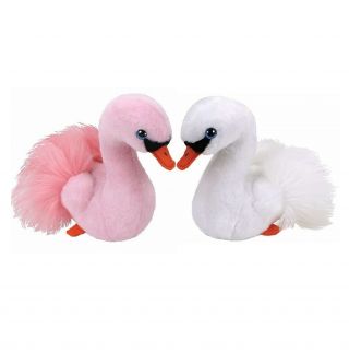 Set Of 2 Ty Beanie Baby 6 " Gracie & Odette Valentines White Pink Swan Plush Mwmt