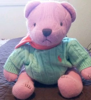 13 " Ralph Lauren 2004 Pink And Green Teddy Bear Sweater Stuffed Plush