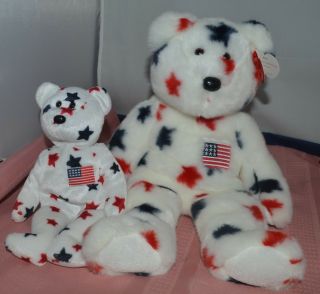 Patriotic Usa Ty Beanie Babies Glory Bear Set Large & Small Ty Bean Bag Plush