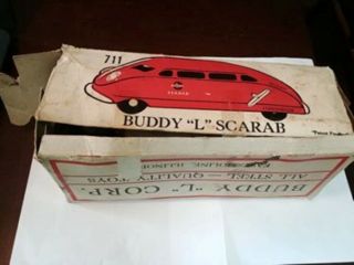 Rare Vintage 1957 Buddy L " Scarab " Pressed Steel Wind Up Car W/key & Box 711.