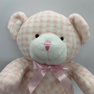 Animal Alley Pink Teddy Bear Plaid Soft Rattle 12in Plush Pink Bow