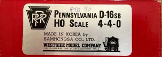 Westside Models Ho Scale Brass Pennsylvania Railroad 4 - 4 - 0 D - 16sb