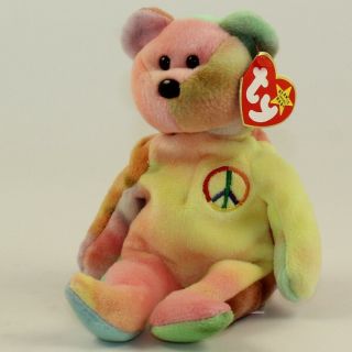 Ty Beanie Baby - Peace The Ty - Dyed Bear (yellow/pink) (8.  5 Inch) Mwmts