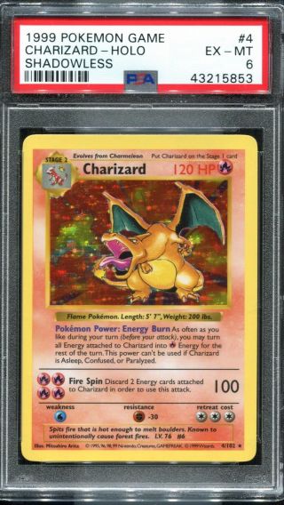 Charizard Shadowless Holo Base Set Ex - Mt 6 Psa 4/102 1999 Pokemon