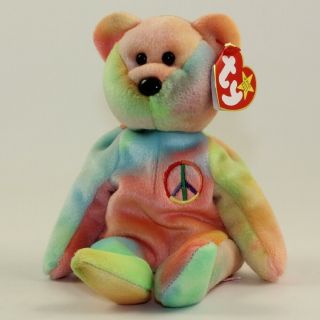 Ty Beanie Baby - Peace The Ty - Dyed Bear (blue/orange) (8.  5 Inch) Mwmt
