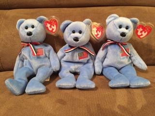 Three Vintage Ty Beanie Babies " America " Bear With Tags