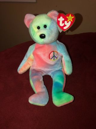 Ty Beanie Baby - Colorful Rare Peace Bear With Error