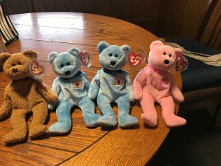 Four Ty Beanie Babies Bears - Sakura,  2 Nippon Bears,  Curly With Tags