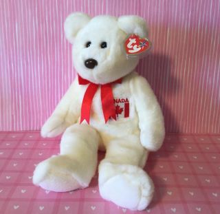 1999 Ty Beanie Buddies White Maple The Bear Canada Flag With Tag Large 12 "