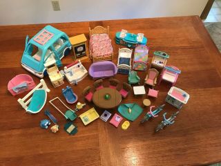 Vintage Fisher Price Loving Family Doll House Furniture And Car