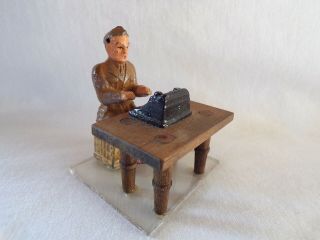 Vintage Diecast Military Toy Soldier Sitting At Desk With Typewriter