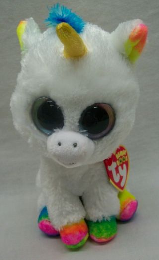 Ty Beanie Boos Big Eyed Pixy The White & Rainbow Unicorn 6 " Plush Stuffed
