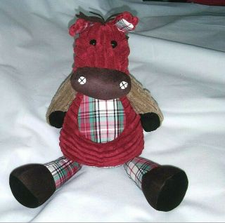 14 " Jellycat Plush Red Corduroy Horse Stuffed Animal Toy Plaid Legs Sits Up Euc