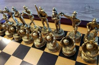 Rare Vintage Pewter Baseball Player Chess Set Game With Custom Drawer And Board