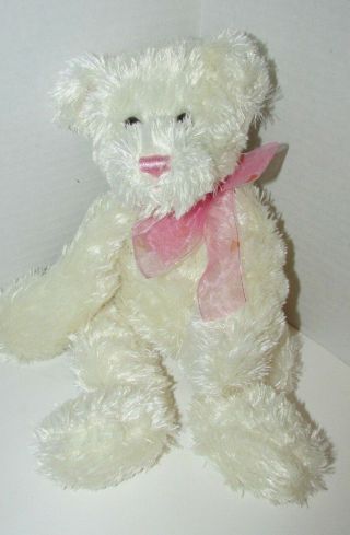 Boswell Cream Off White Beanbag Plush Teddy Bear Pink Nose Ribbon Bow Hearts