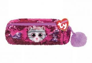 2019 Ty Flippables Sequins 8 " Kiki The Tabby Cat Fashion Pencil Bag Case