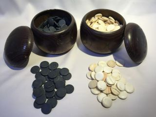 Japanese Go Stone Vintage Goishi Game Piece Set Wooden Bowl Black White Shell