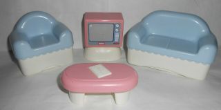 Vintage Little Tikes Dollhouse Size - Living Room Set Couch Chair Tv Table