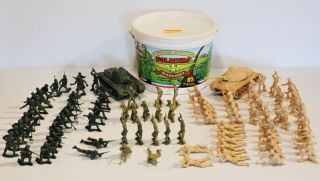 Tim Mee United States Soldiers In A Bucket Green Tan Toy Plastic Army Men Tanks