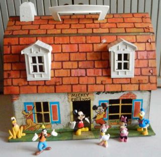 Vintage Mickey Mouse & Friends Louis Marx Tin House W/figures Minnie Donald Goof