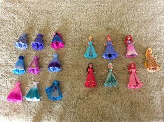 7 Disney Princess Magic Clip Dolls With Clothes 16 Dresses Anna,  Elsa,  Ariel,