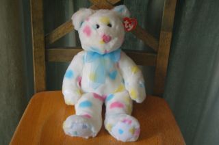 Kissme The Bear - 13 " Ty Beanie Buddy - Mwmt White Bear Colored Hearts