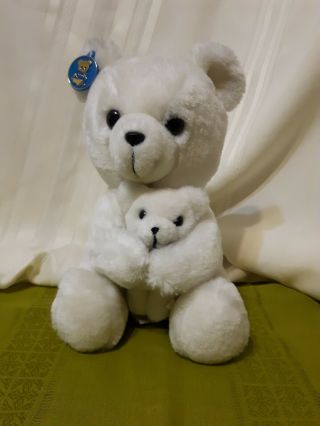Vintage 1977 Dakin White Polar Bear With Baby 11 Inch Hang Tag