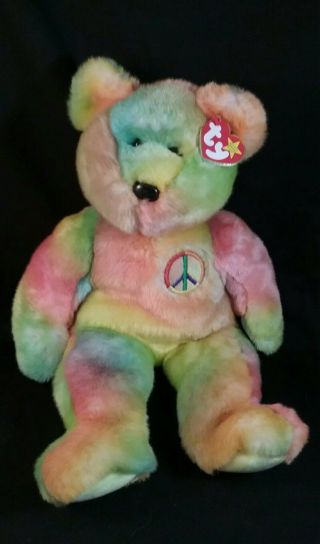 Ty Peace Bear Beanie Buddy Rainbow Pastel Stuffed Animal Toy With Tag 14 "