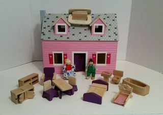 Melissa & Doug Fold And Go Pink Wooden Doll House Furniture 2 Dolls 13 " X7 " X11 "