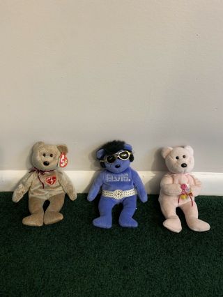 Ty Beanie Babies 199 Signature Bear - Blue Hawaii Elvis Bear - Pink Bear