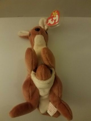 Ty Beanie Baby - Pouch The Kangaroo With Tag In Protector - 1996 - Retired