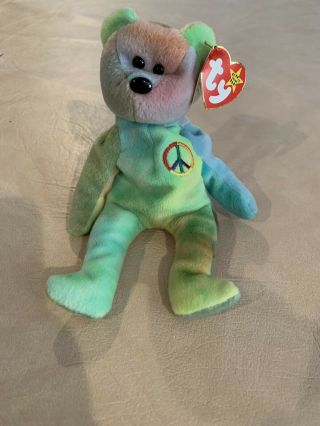 Ty Beanie Baby - Peace The Ty - Dyed Bear (yellow & Green) (8.  5 In) Tags