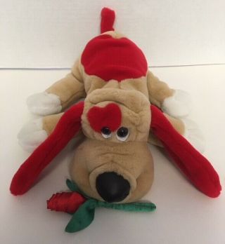 Main Joy Hound Dog Puppy 12 " Tan Plush Red Ears Hearts Tail Rose Valentine 