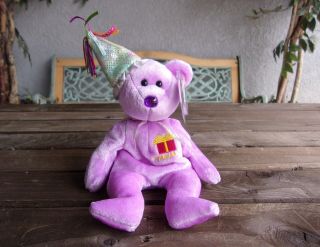 February Birthday Bear Purple Vintage Ty Beanie Babies Bean Bag Plush Doll