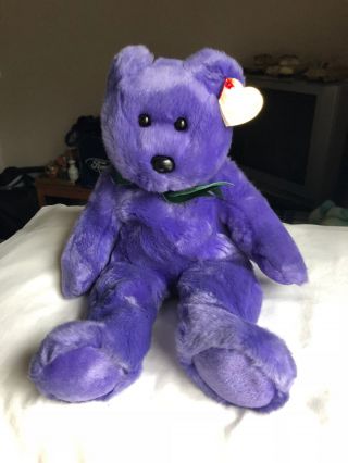 Ty Beanie Buddy Employee Bear 12 " Purple W Green Ribbon 2000 Tush Tag