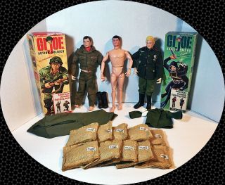 3 Gi Joe 1964 Action Soldiers 12 " German,  Us W/box Tops & 10 Sand Bags