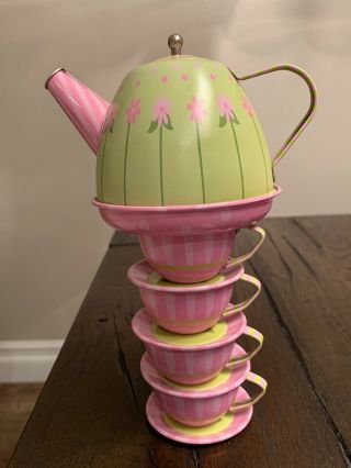 Pottery Barn Kids - Stackable Tin Tea Set - Flowers Pink Green - Euc