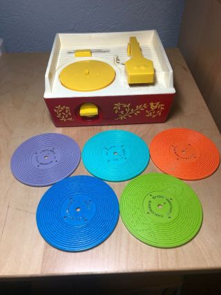 Vintage Fisher Price Record Player 995 Complete W/ 5 Records 1971 Red Euc