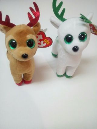 Ty Beanie Babies Tinsel And Peppermint Bean Plush Reindeer Small 7 " Stuffed