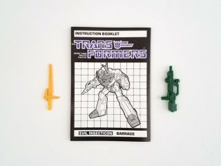 G1 Barrage Weapons,  Instruction Booklet 1985 Hasbro Transformer Sword Gun Part