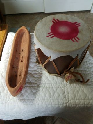 Toy Drum Made By The Cherokees Qualla Reservation Indian Tribe 5 1/4 " X 6 1/4 "