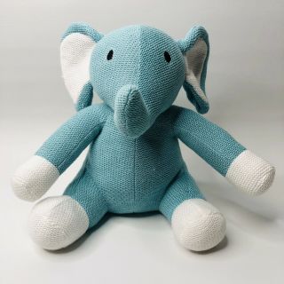 Peacock Alley Knit Elephant Plush Stuffed Animal Toy Blue White Baby 9 "